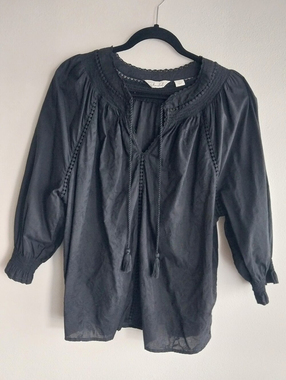 Cafe Marrakesh Black 100% Cotton 3/4 Sleeve Floral Embroidered Popover Boho Top